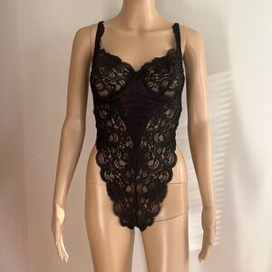 VINTAGE Victoria's Secret Lace Bodysuit Black V-String Sheer Size 36C